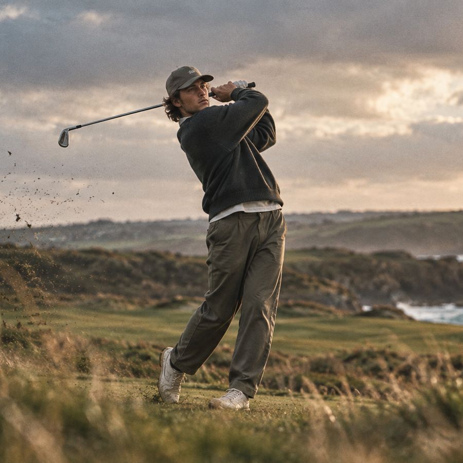 A golfer mid swing on a clifftop links course at sunset